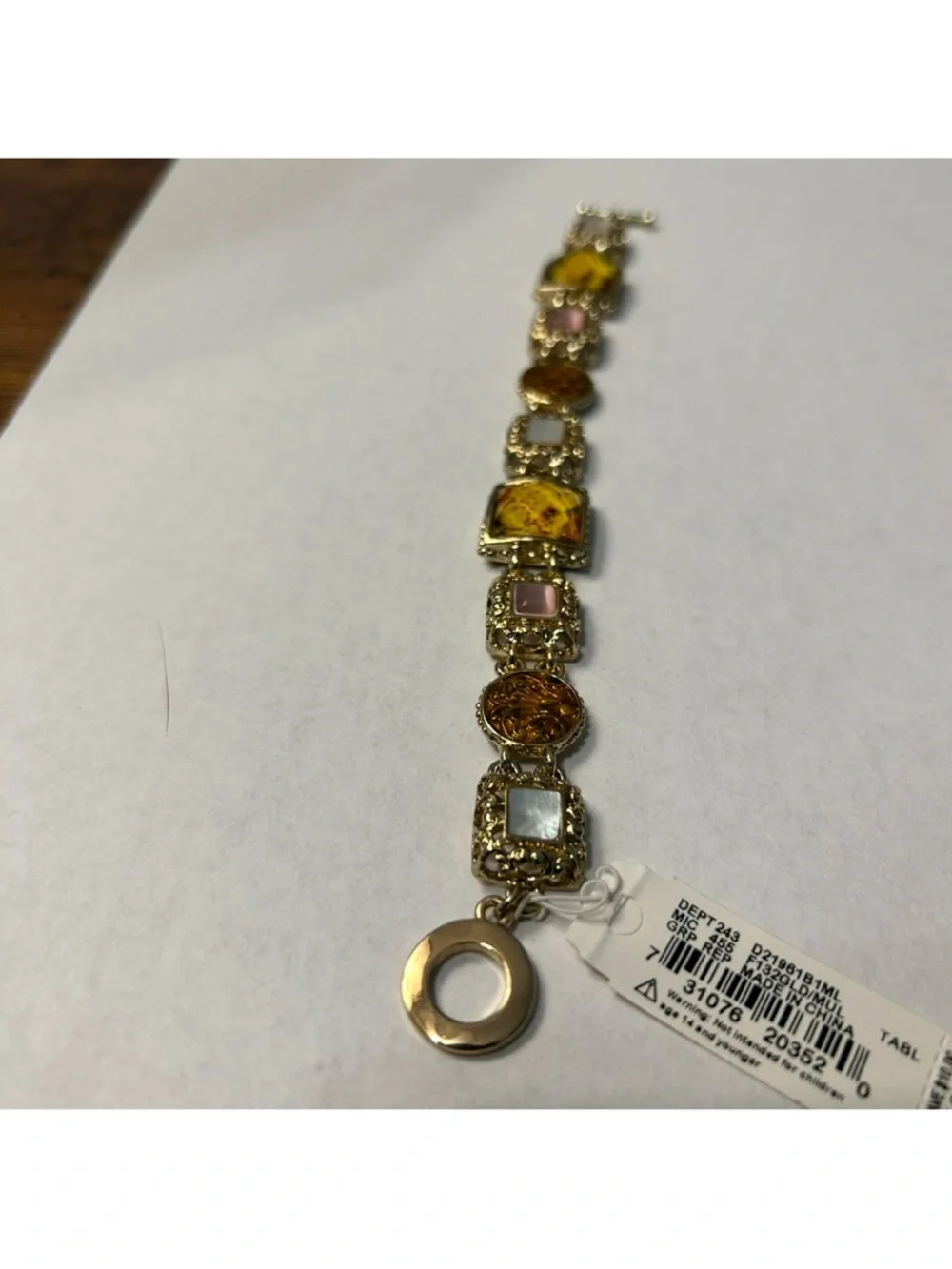 Liz Claiborne NWT Gold Charm Bracelet Square Stone Toggle Vintage Style